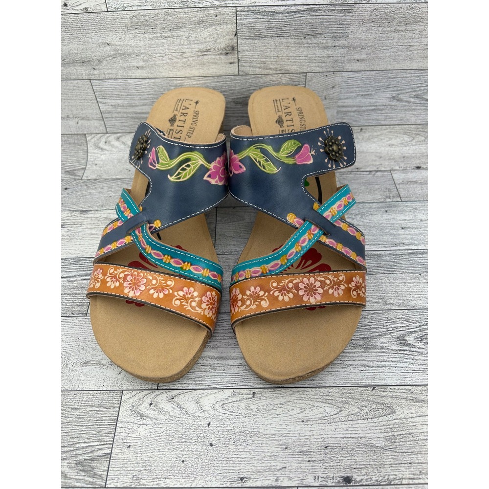 L'Artiste Spring Step Swan Multi Hand Painted Leather Wedge Sandals Women 41‎ 10